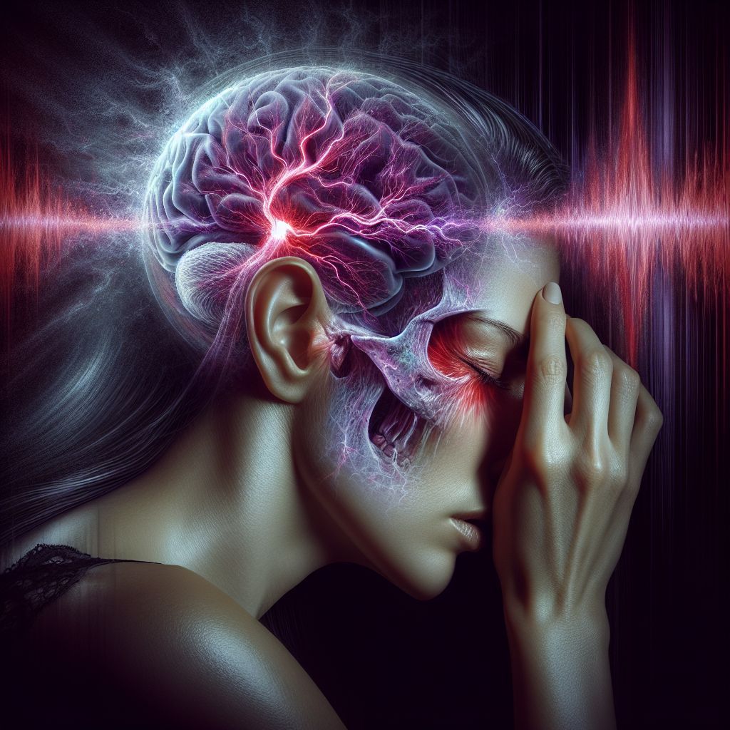 "Illustration of a woman experiencing a migraine, with a visual representation of brain activity and pain radiating from her head.