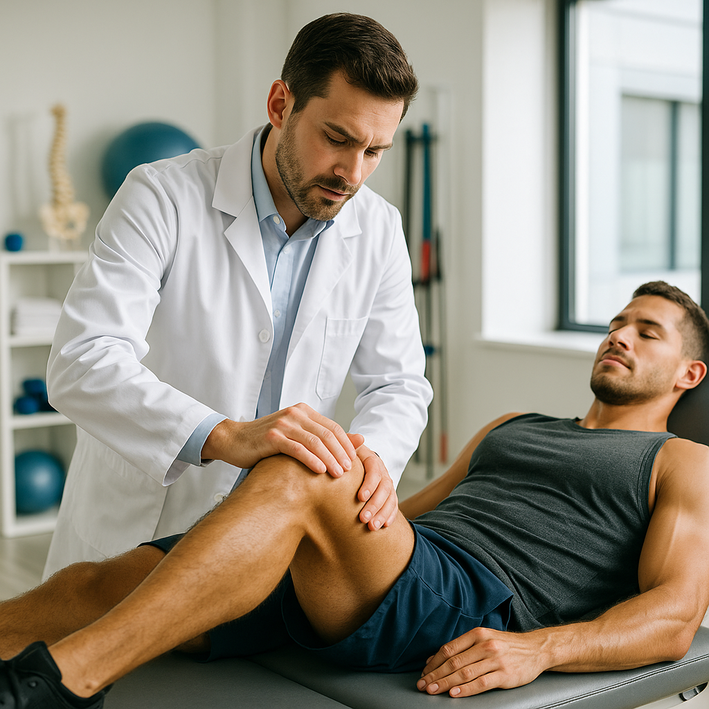 Chiropractor examining a male athlete's knee during a therapy session in a clinical setting.