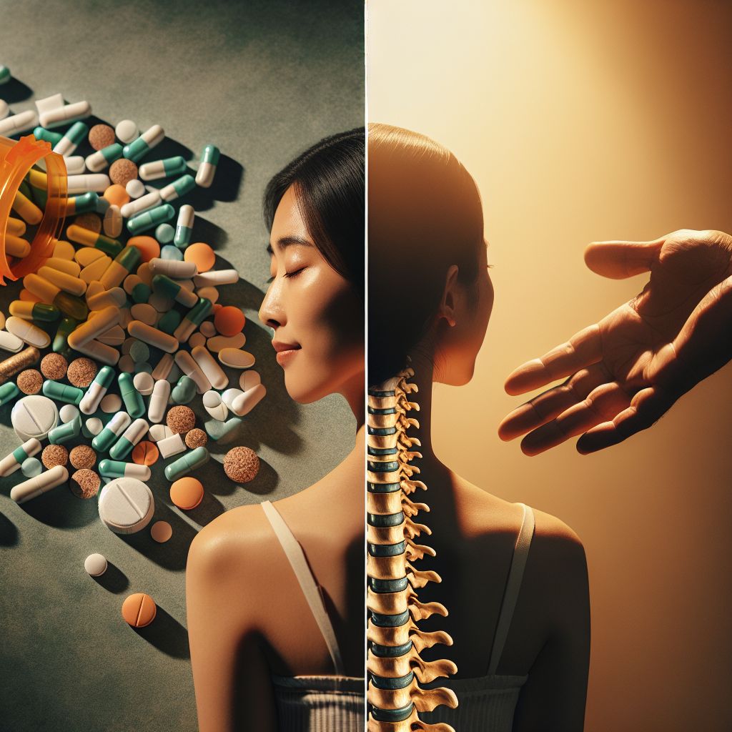 Split image showing medication versus natural chiropractic treatment - woman with pills on left, spine anatomy and healing hands on right