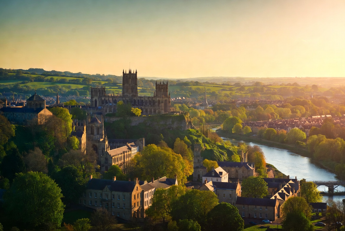 Scenic landscape of Durham Cathedral and city on the hill