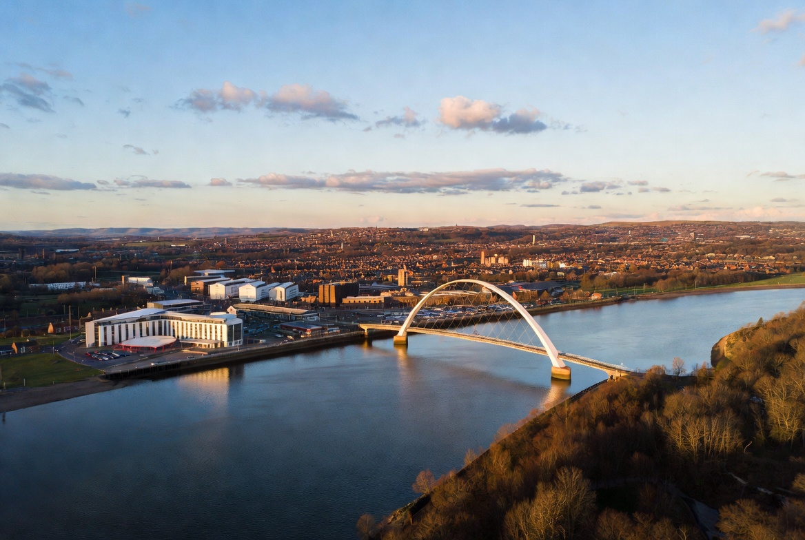 Scenic landscape of Stockton-on-Tees Infinity Bridge and River Tees