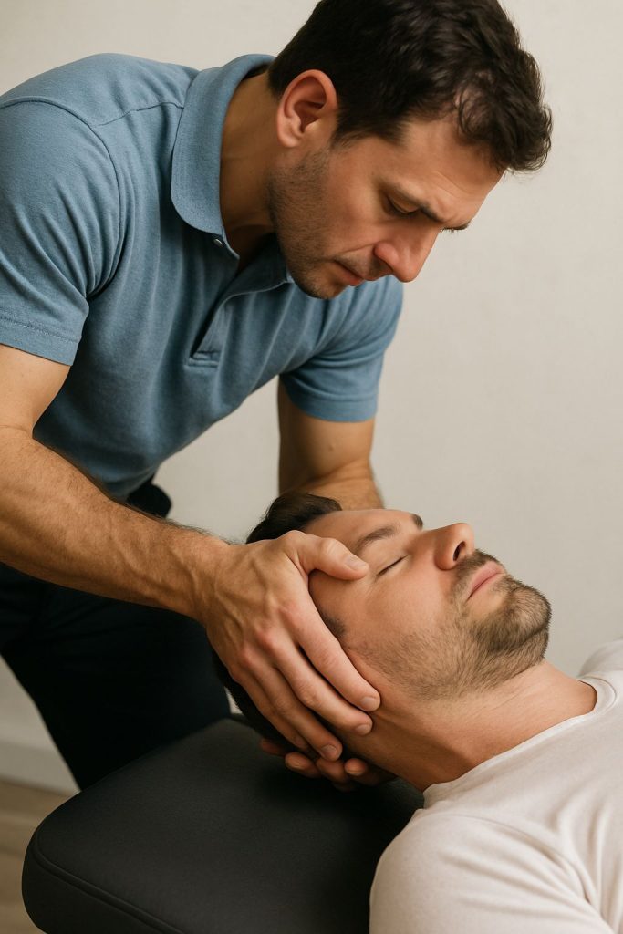 A male physical therapist or chiropractor performing a manual neck adjustment and cervical spine mobilization on a patient lying on a treatment table.