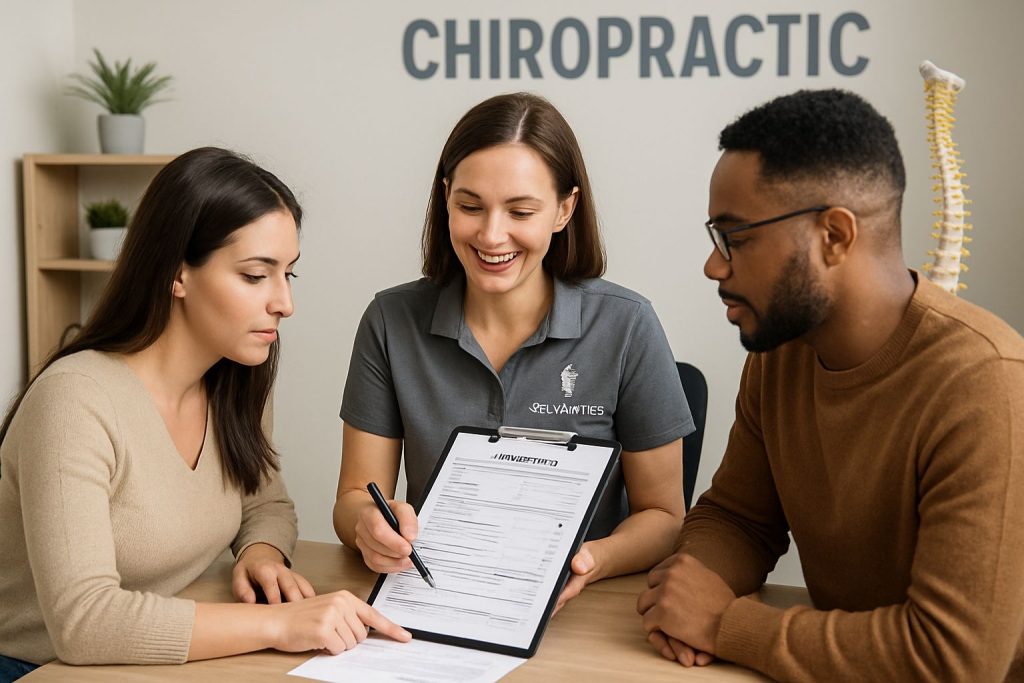 A female chiropractic clinic administrator or doctor smiling while reviewing medical intake forms on a clipboard with a young couple during a consultation.