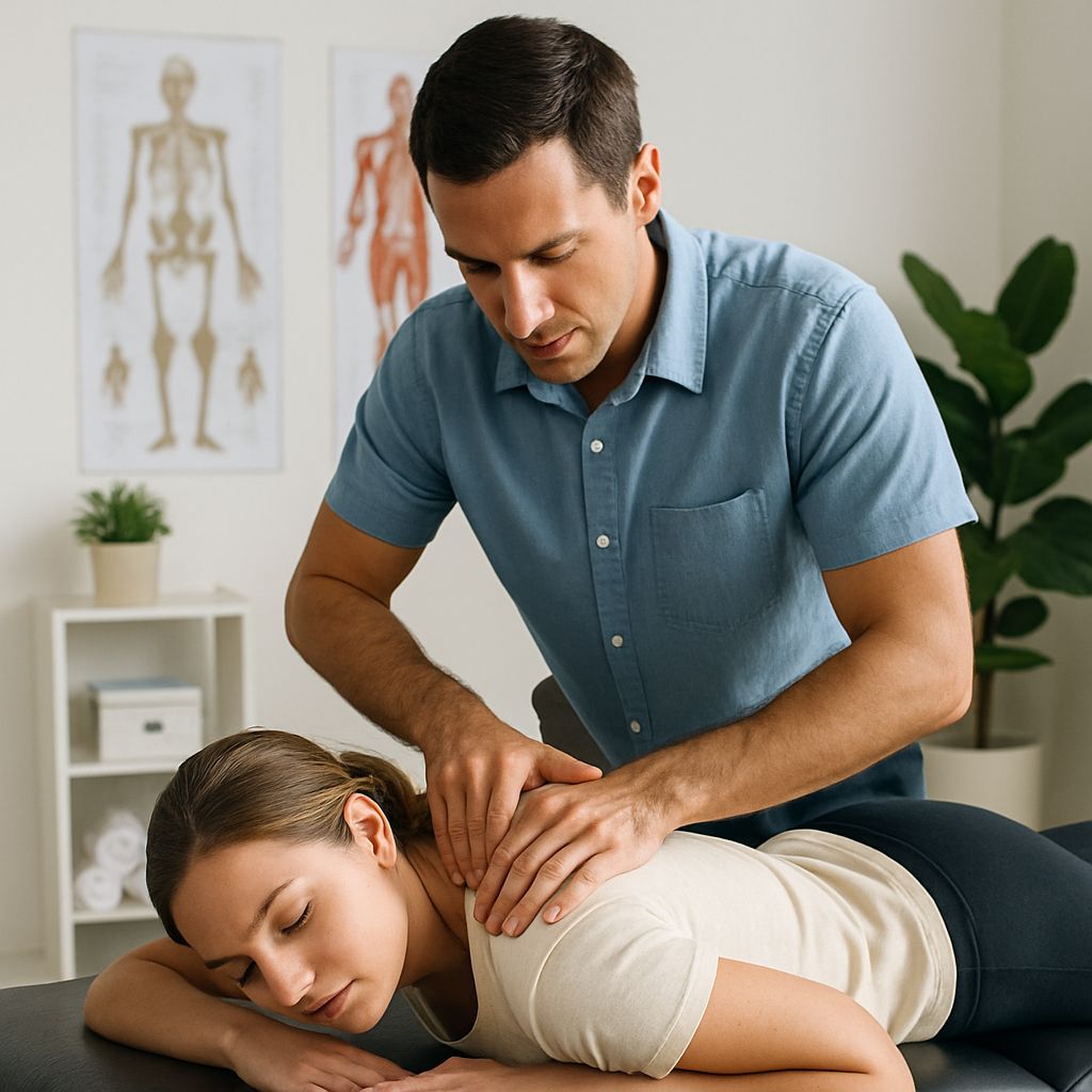 A male massage therapist or physical therapist applying manual pressure to a woman's upper back and shoulder blades in a bright clinical setting with anatomical posters in the background.