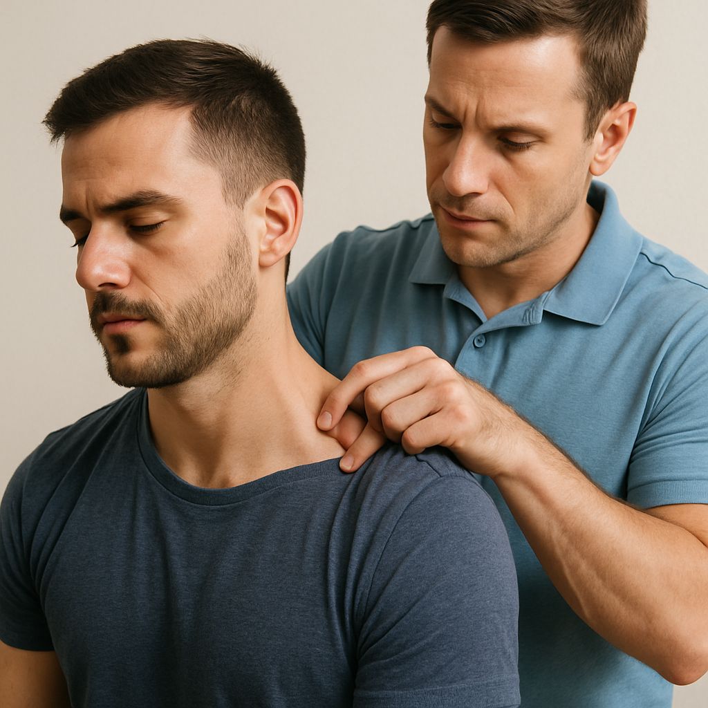 A professional therapist in a light blue polo shirt performing a physical assessment or trigger point massage on a man's upper trapezius and neck area.