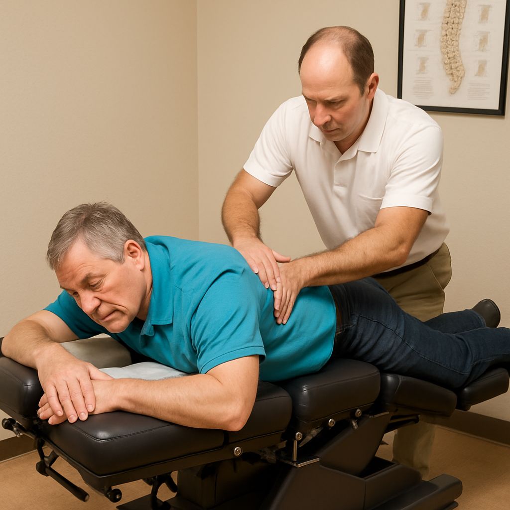 A male chiropractor in a white polo shirt performing a manual spinal adjustment on a senior man lying prone on a professional chiropractic drop table.