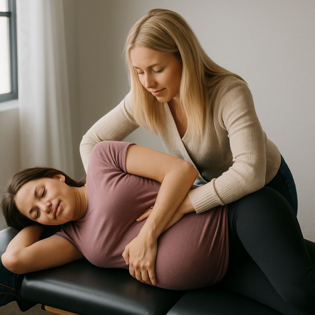 A female therapist performing a prenatal chiropractic adjustment or massage on a pregnant woman lying on her side on a professional treatment table.