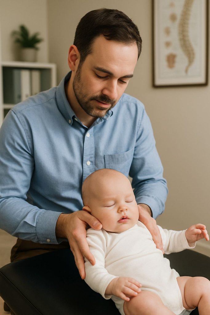 A male healthcare professional performing a gentle pediatric chiropractic adjustment or manual therapy on an infant resting on a treatment table.