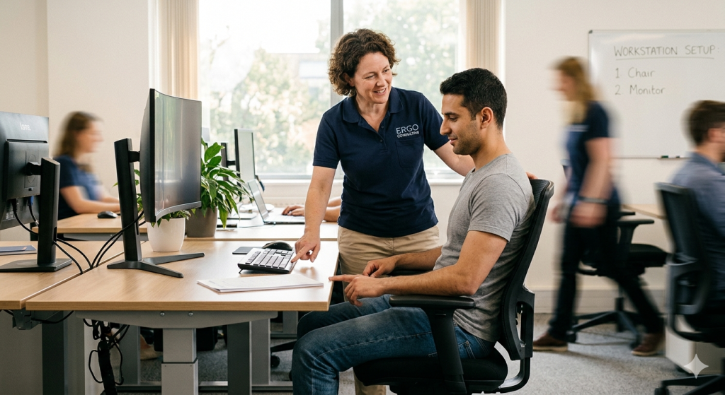 An ergonomic instructor guiding a male client on how to properly adjust his desk workstation, keyboard, and chair posture in a bright office setting.