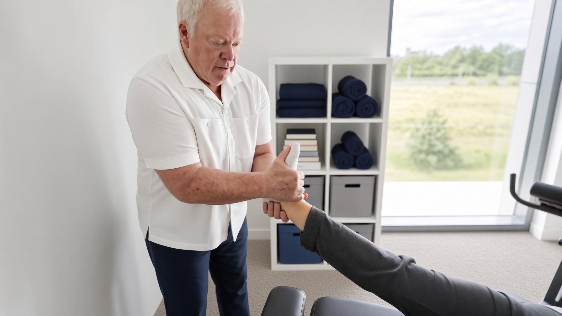Physical therapist stabilizing a patient’s ankle during a therapy session in a bright clinic.